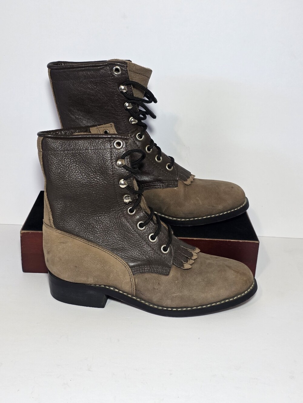 Vintage Two Tone Leather Kiltie Western Cowboy Lace Up Ankle Boots Womens 7.5/8